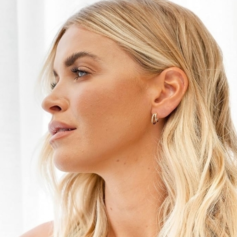 14K Gold Plated Huggie Triple Split Hoop Earrings - Picture 3 of 6